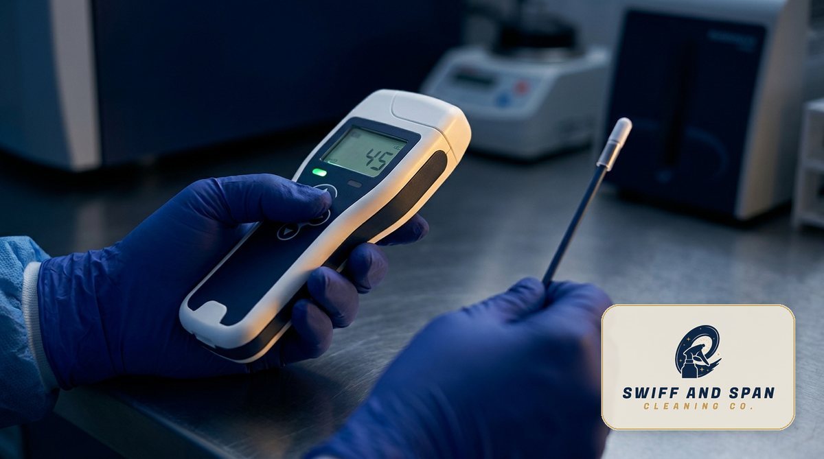 A gloved technician reads an RLU surface-cleanliness score on a handheld ATP luminometer during a Columbus commercial cleaning audit