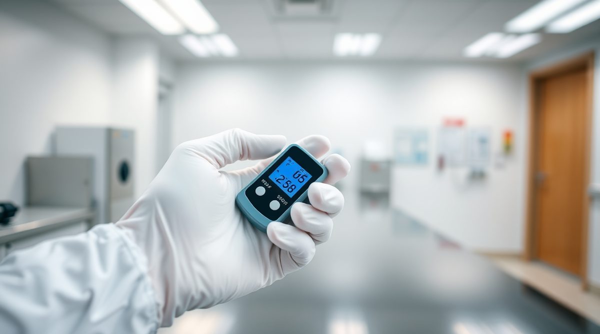 A gloved hand swabbing a clinical high-touch surface beside a handheld ATP luminometer displaying an RLU reading