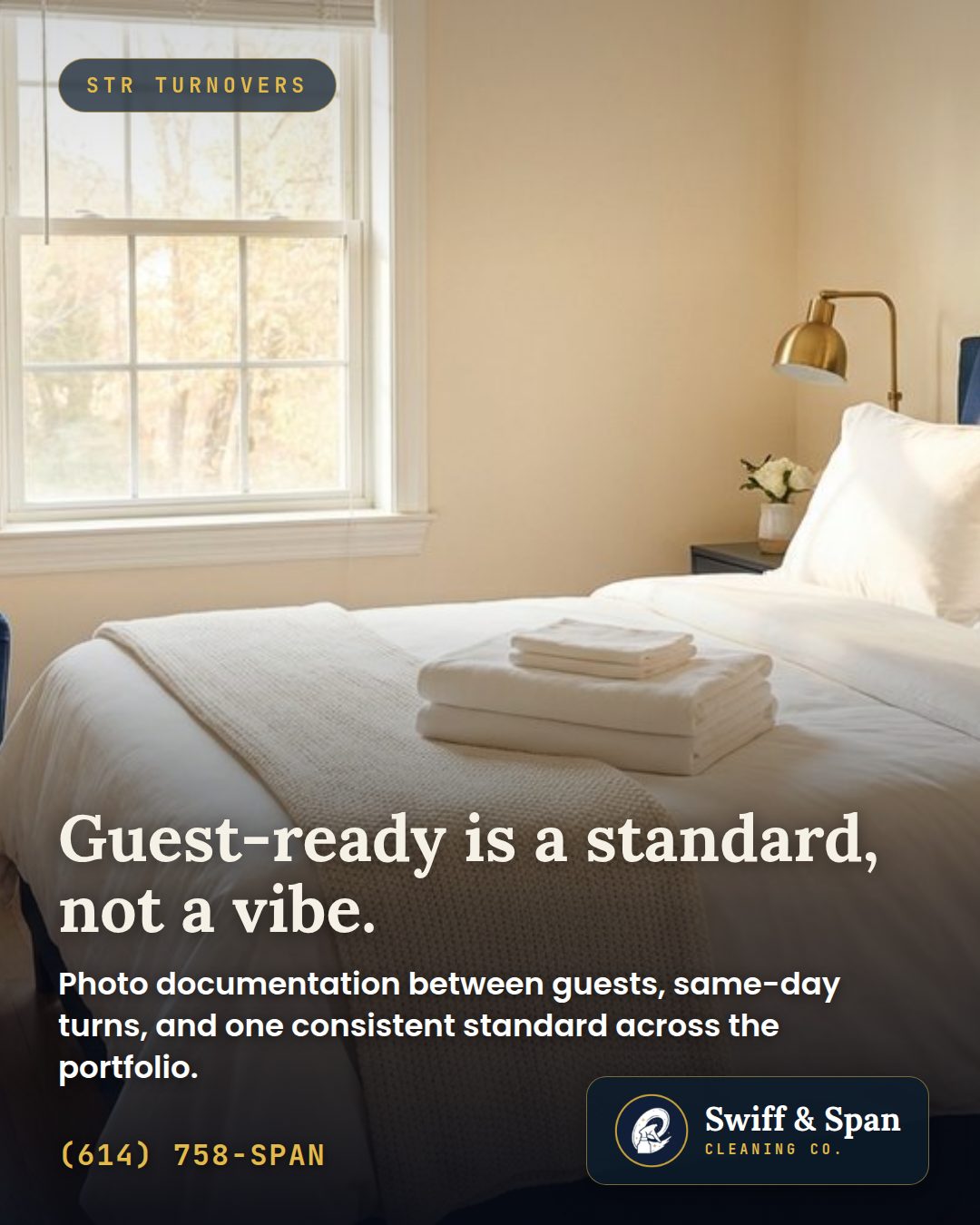 Swiff & Span info card: Guest-ready is a standard, not a vibe.