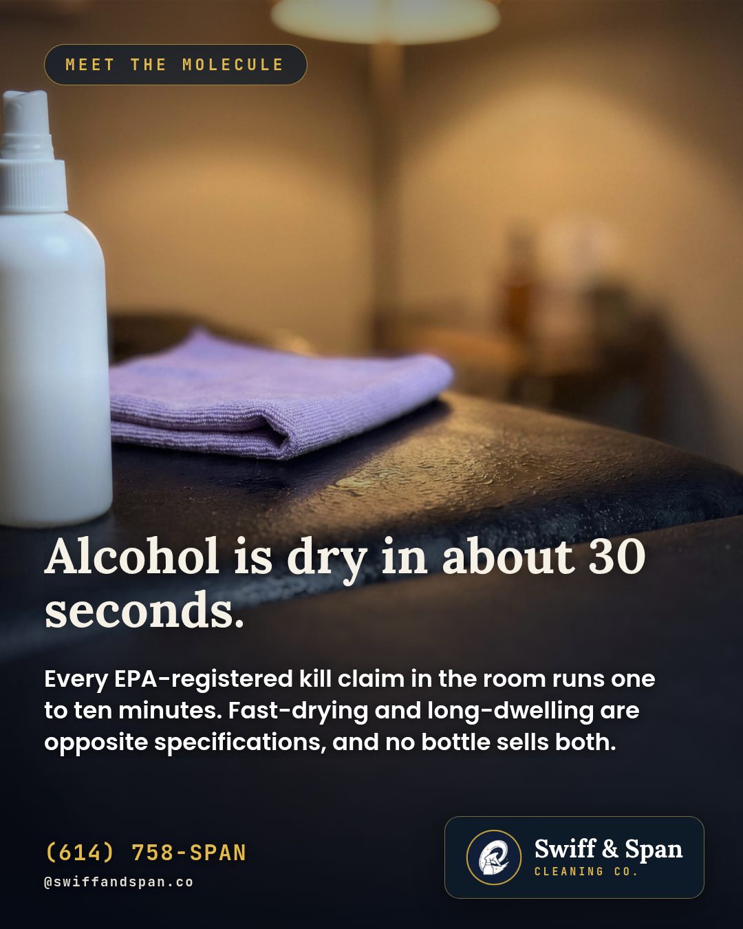 Swiff & Span brand card for Alcohol Is Dry in 30 Seconds. Disinfection Is Not.