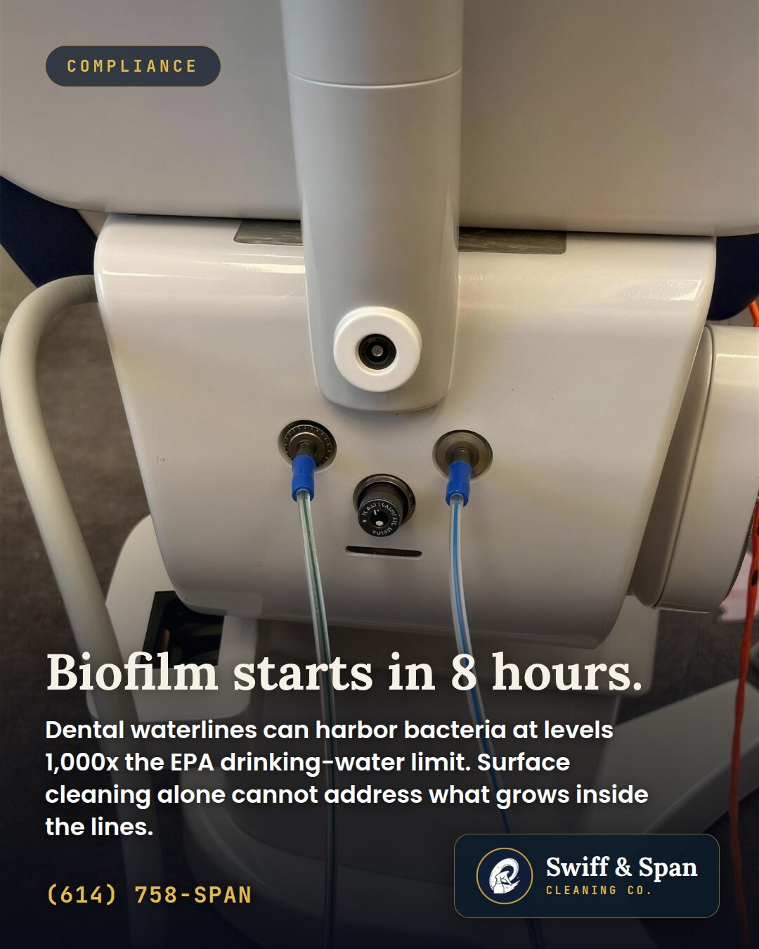 Swiff & Span info card: the water in your dental unit might be dirtier than tap water.