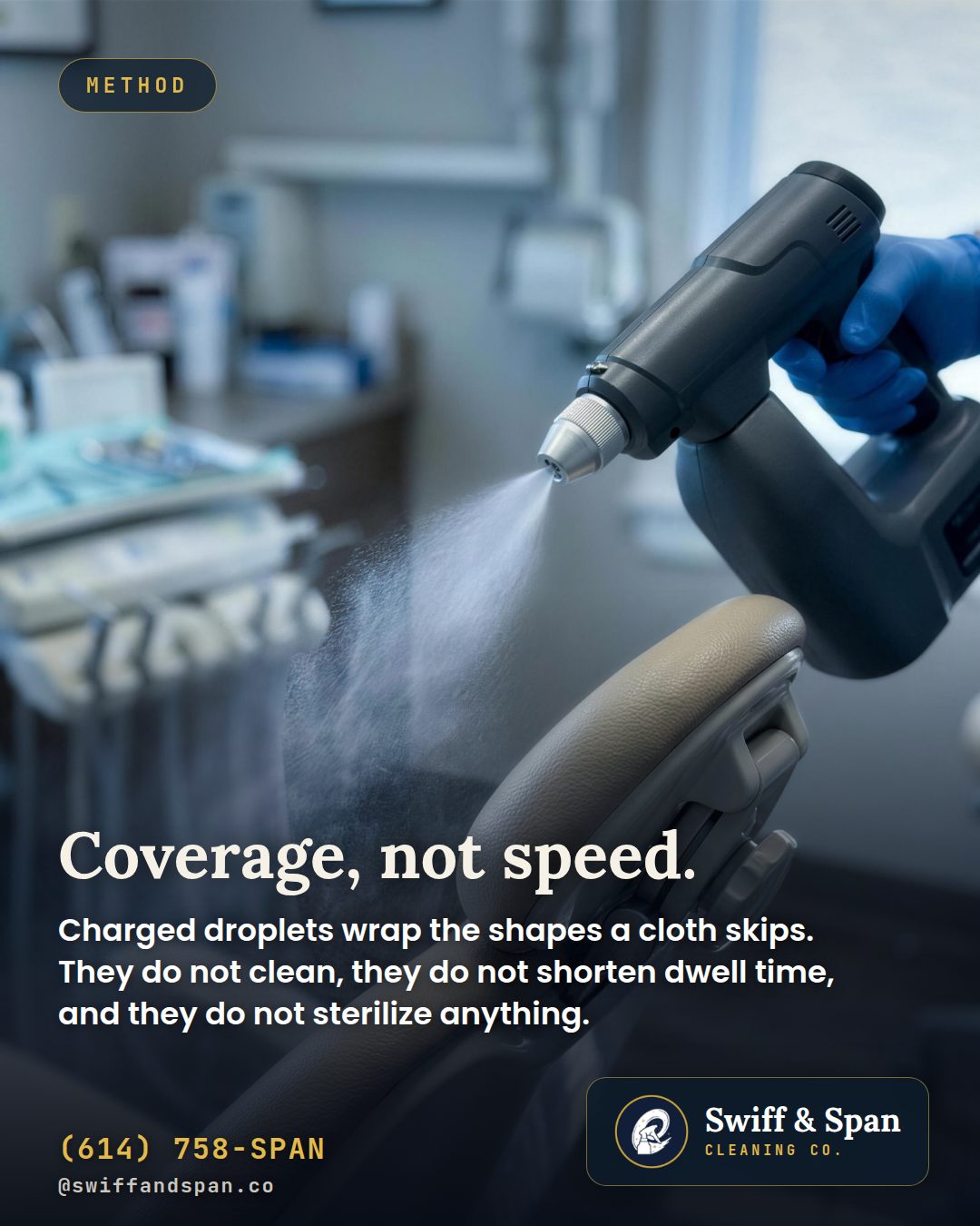 Swiff & Span info card: Electrostatic spraying wraps surfaces a cloth misses.