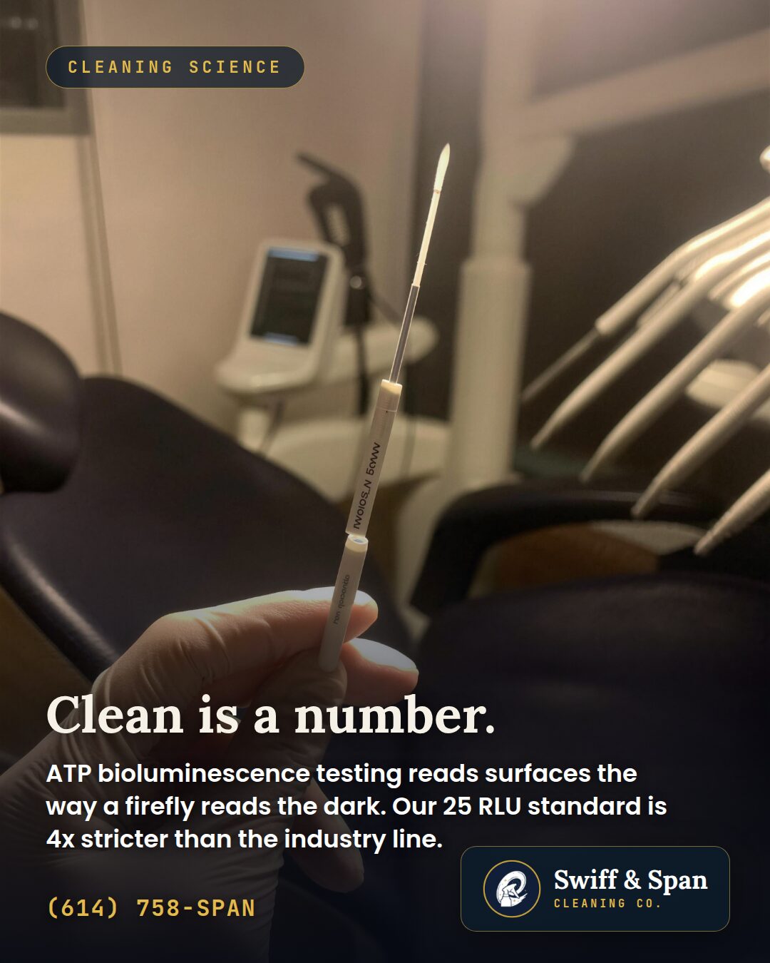 Swiff & Span info card: same reaction that lights a firefly, now reading your exam table.