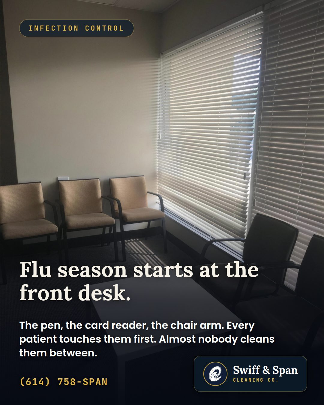 Swiff & Span info card: flu season starts at the front desk.