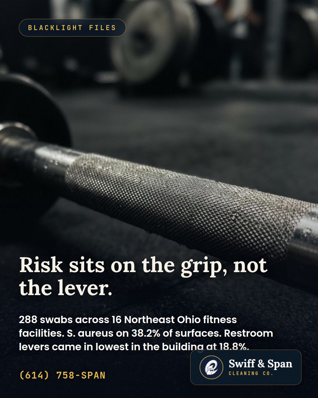 Swiff & Span info card: the cleanest thing in an ohio gym was the bathroom door handle