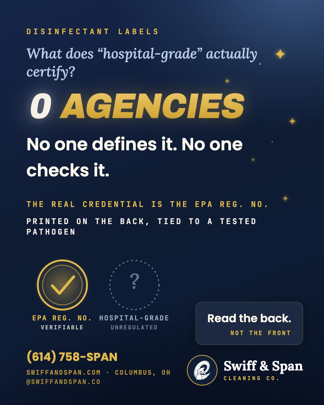 Swiff & Span info card: “Hospital-grade” is a marketing term. The EPA registration number is the credential.