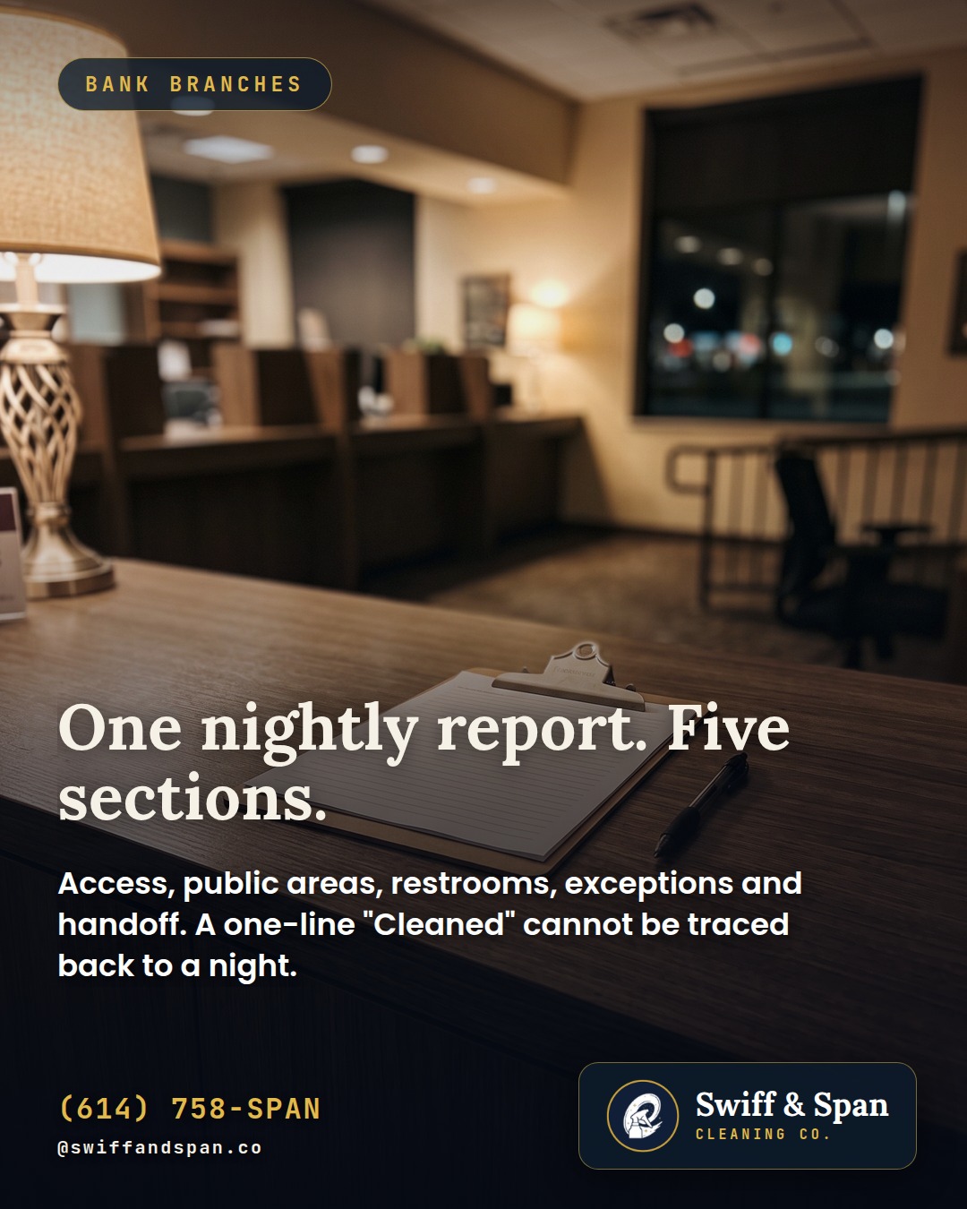 Swiff & Span photo card: One nightly report. Five sections.
