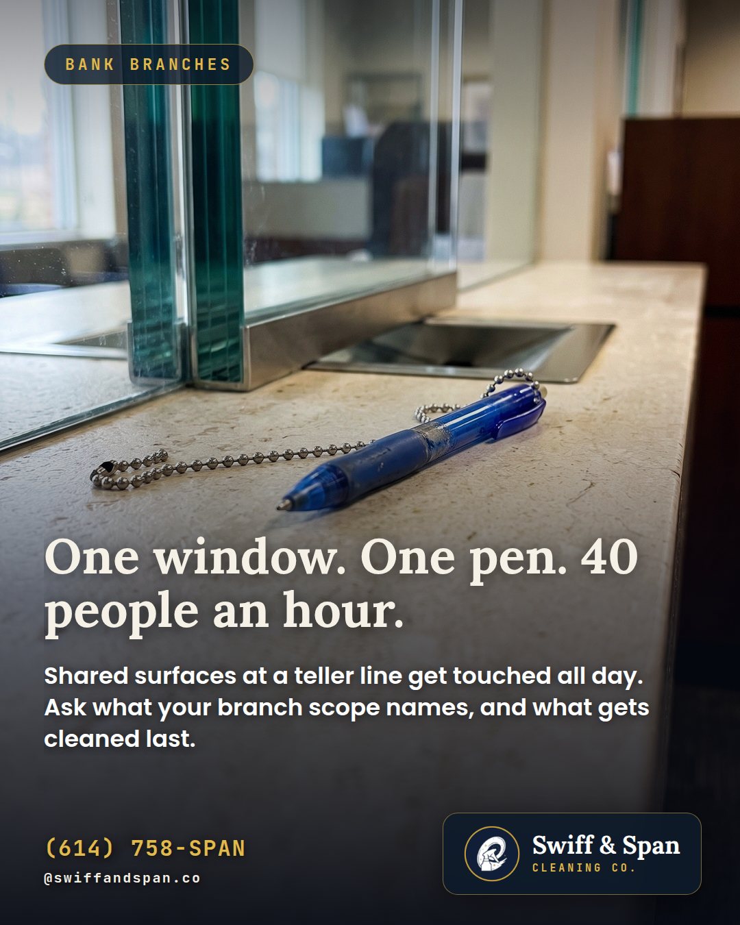 Swiff & Span photo card: One window. One pen. 40 people an hour.