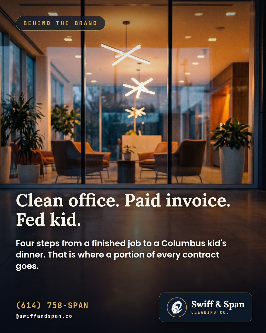 Swiff & Span photo card: Clean office. Paid invoice. Fed kid.