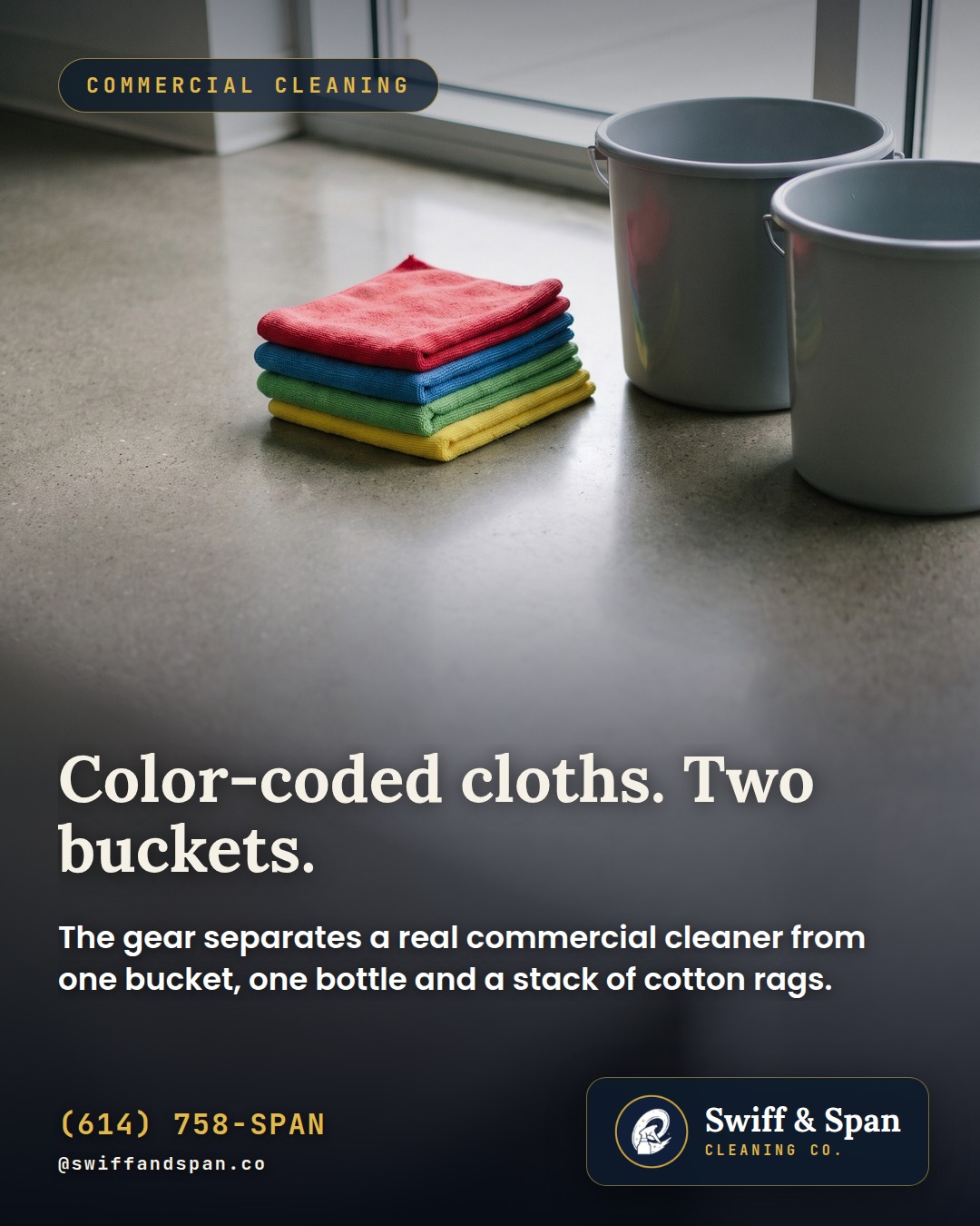 Swiff & Span photo card: Color-coded cloths. Two buckets.