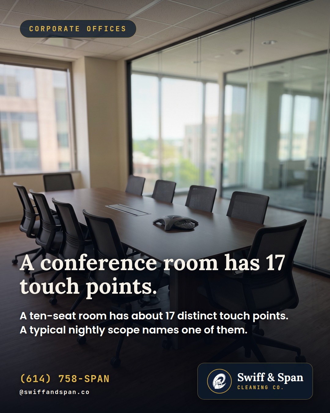 Swiff & Span photo card: A conference room has 17 touch points.