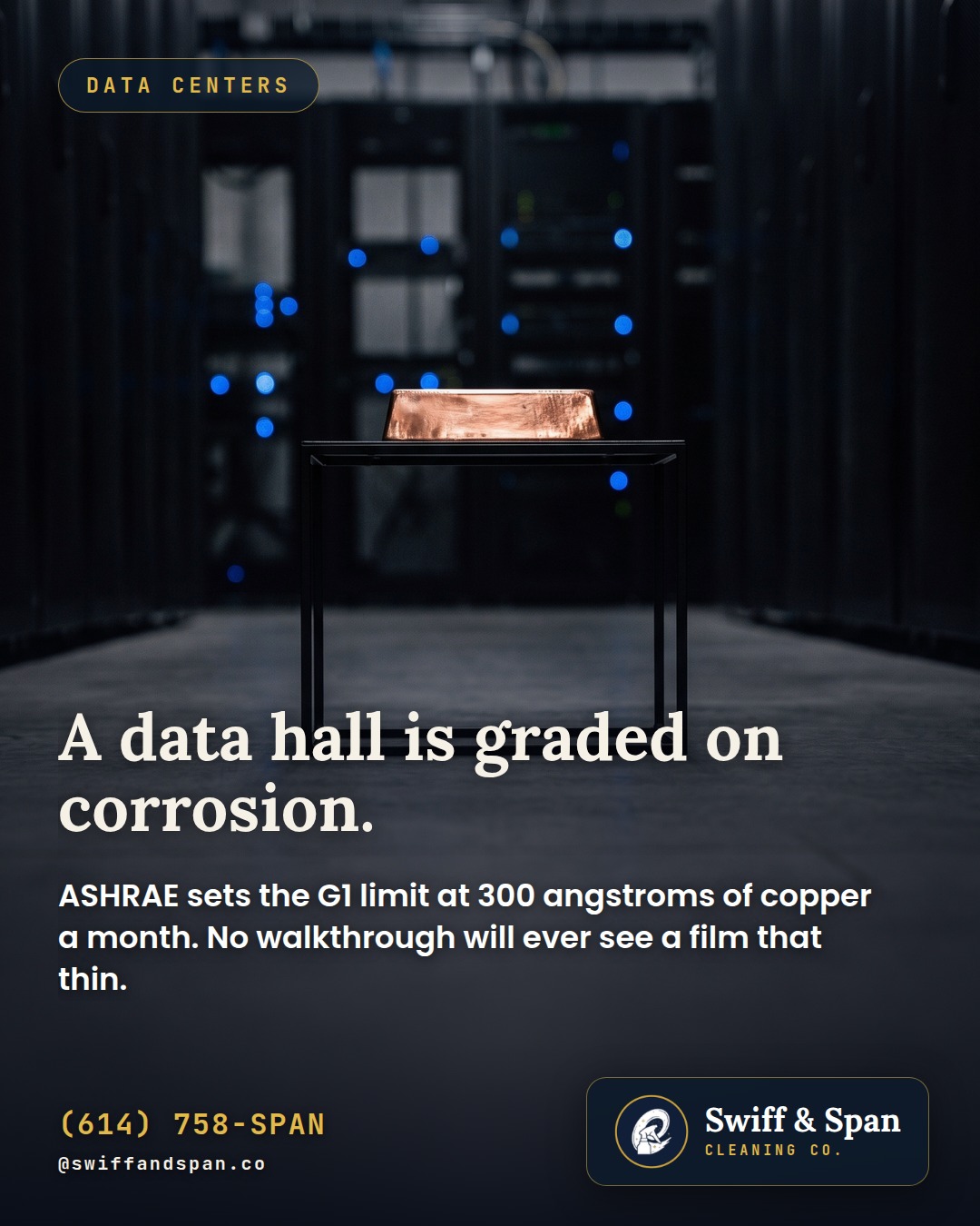 Swiff & Span photo card: A data hall is graded on corrosion.