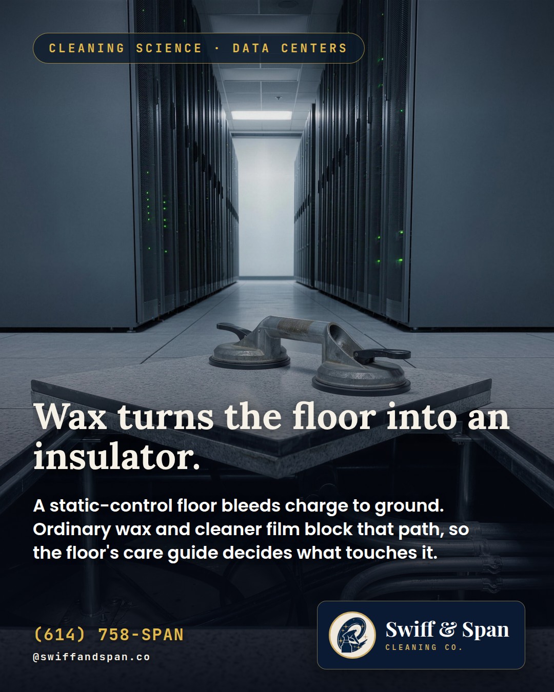 Swiff & Span photo card: Wax turns the floor into an insulator.