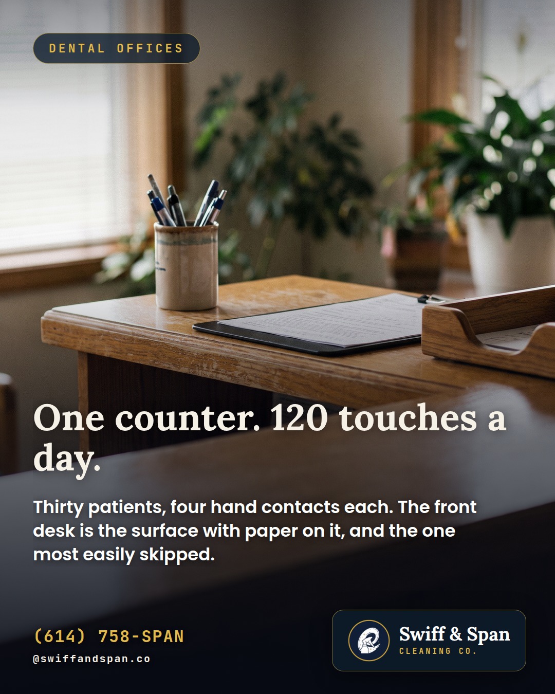 Swiff & Span photo card: One counter. 120 touches a day.