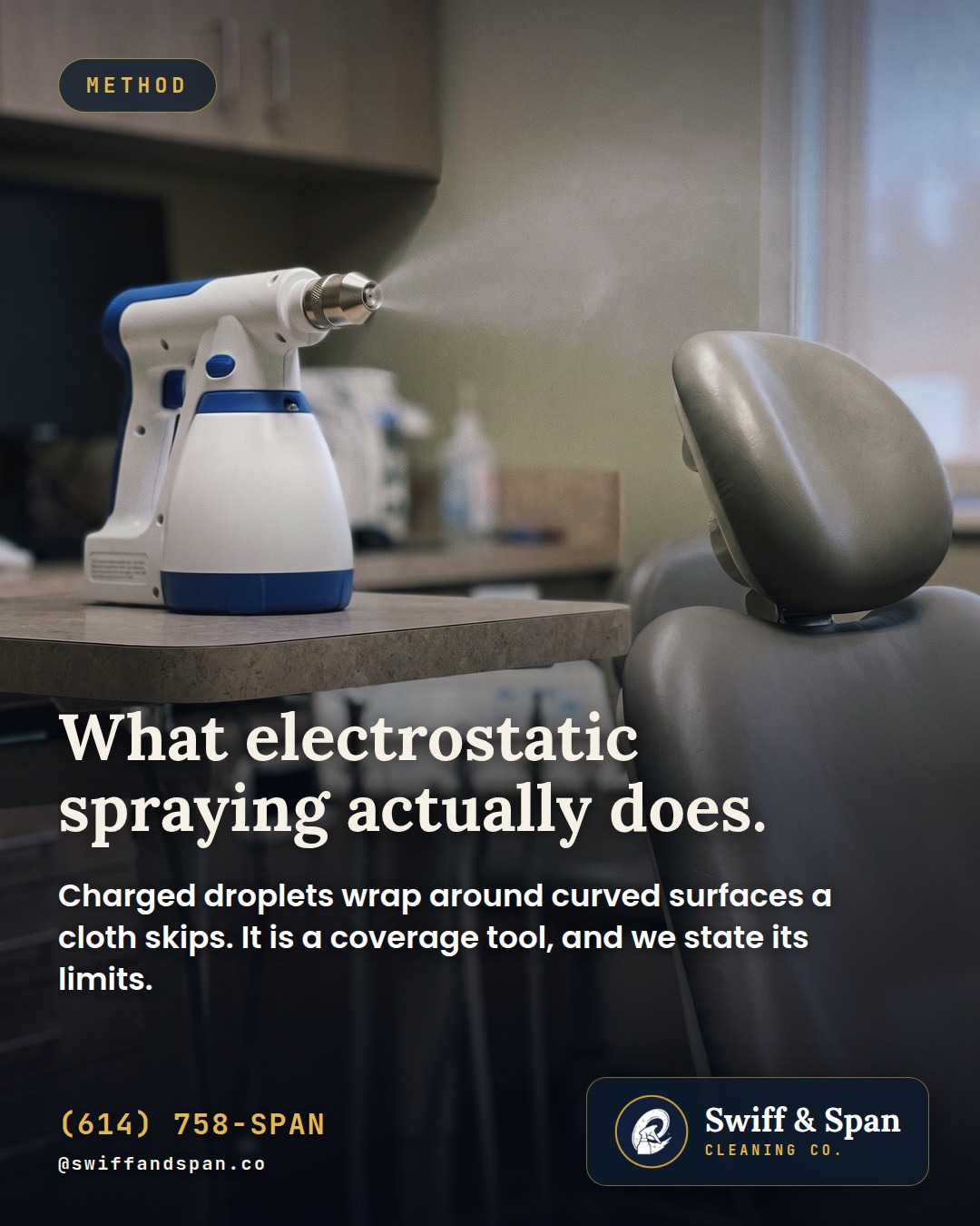 Swiff & Span photo card: What electrostatic spraying actually does.
