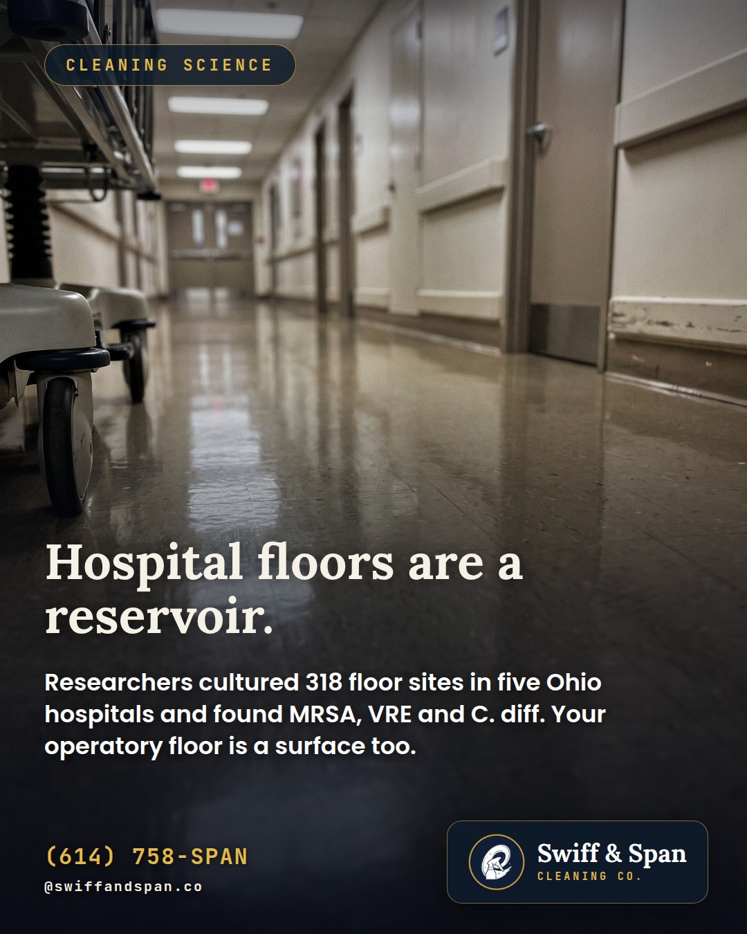 Swiff & Span photo card: Hospital floors are a reservoir.