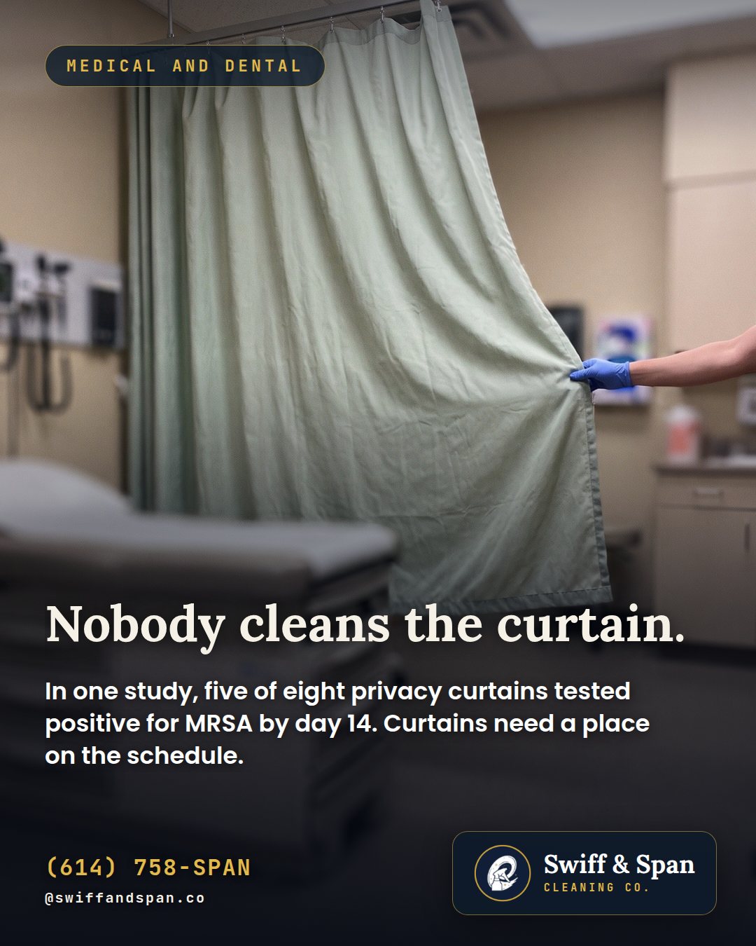 Swiff & Span photo card: Nobody cleans the curtain.
