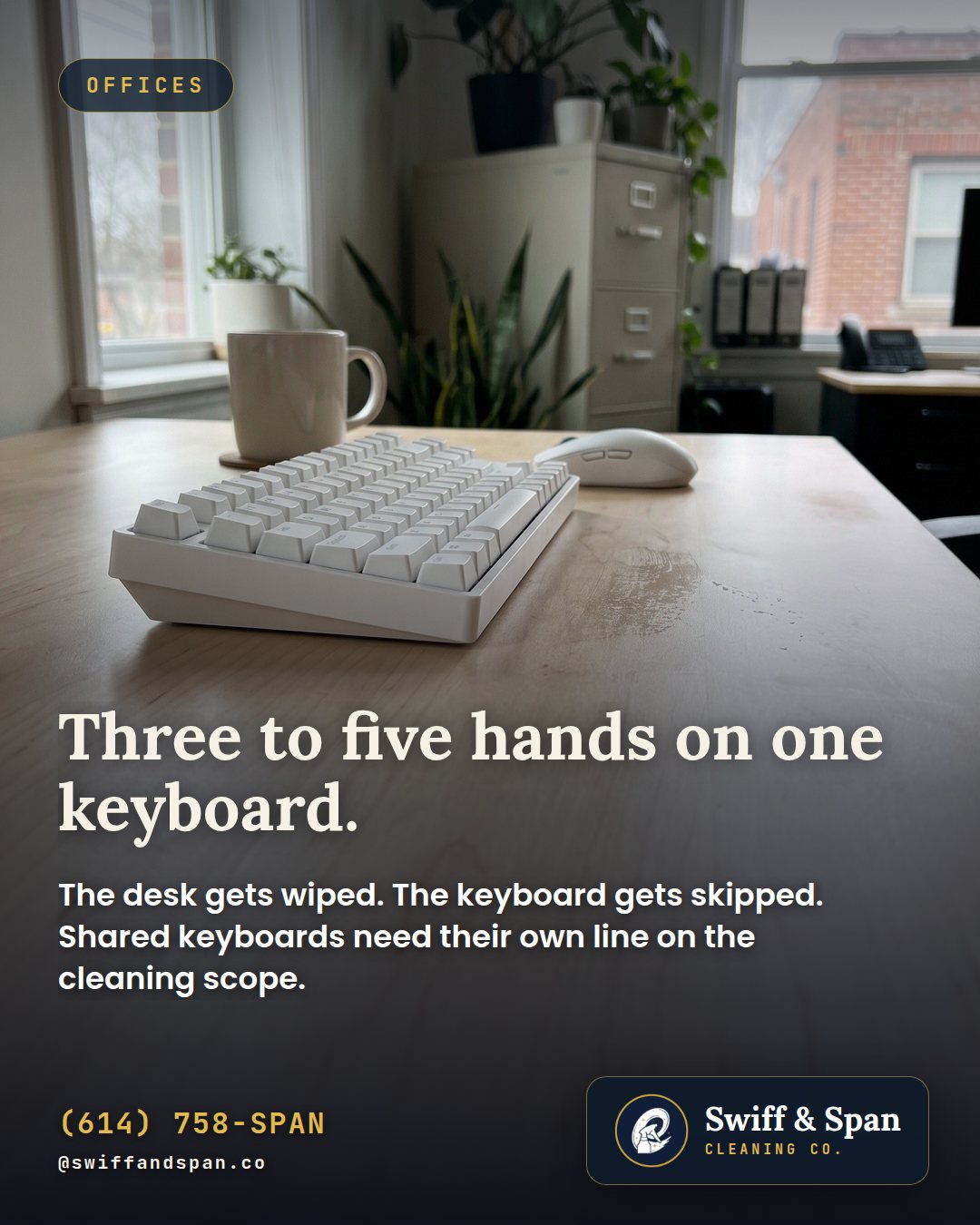 Swiff & Span photo card: Three to five hands on one keyboard.