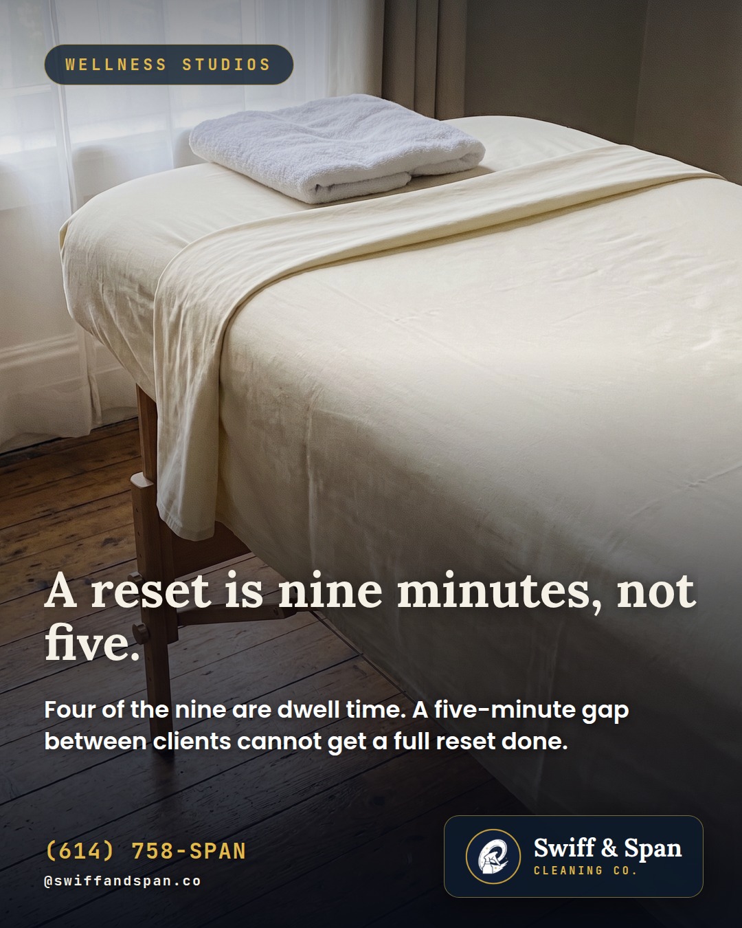 Swiff & Span photo card: A reset is nine minutes, not five.