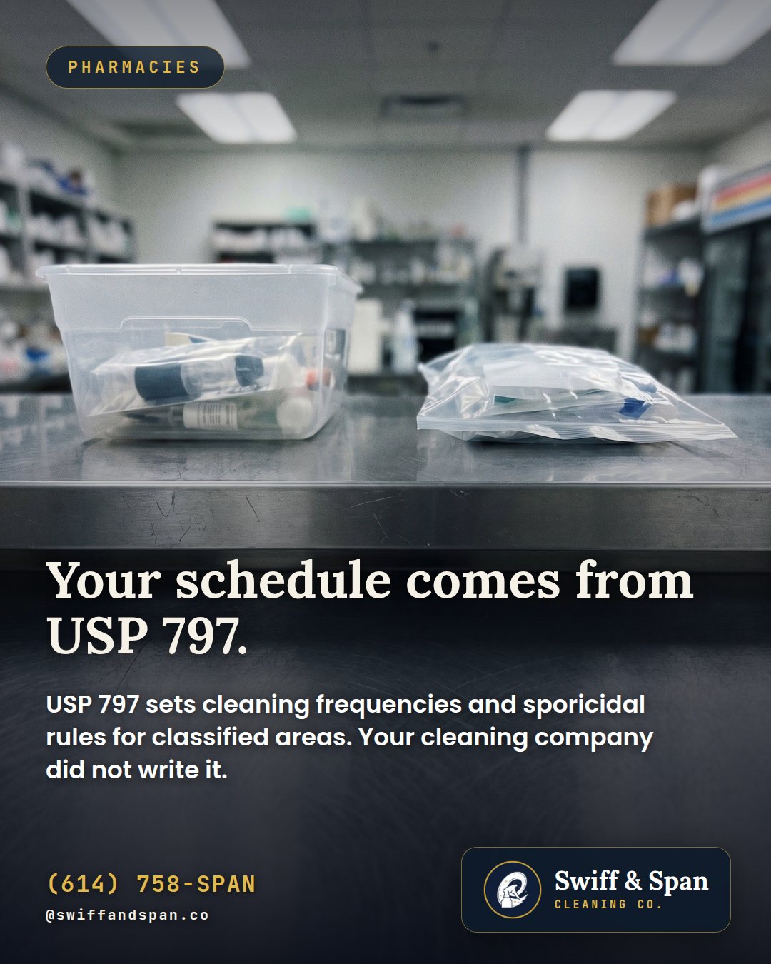 Swiff & Span photo card: Your schedule comes from USP 797.
