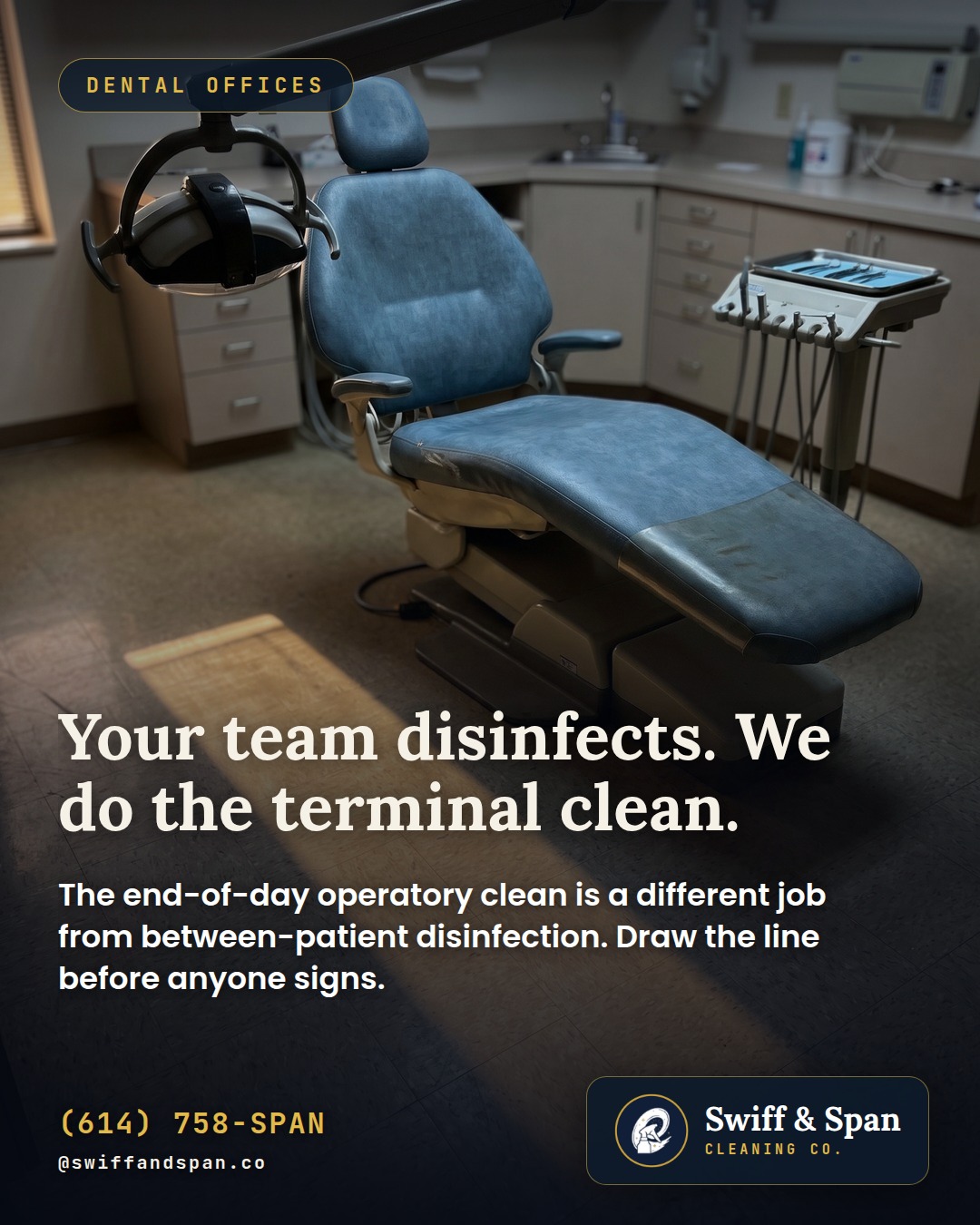 Swiff & Span photo card: Your team disinfects. We do the terminal clean.