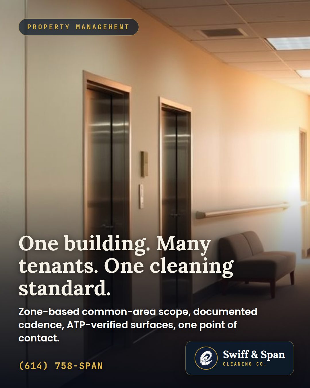 Swiff & Span info card: One building. Many tenants. One cleaning standard.