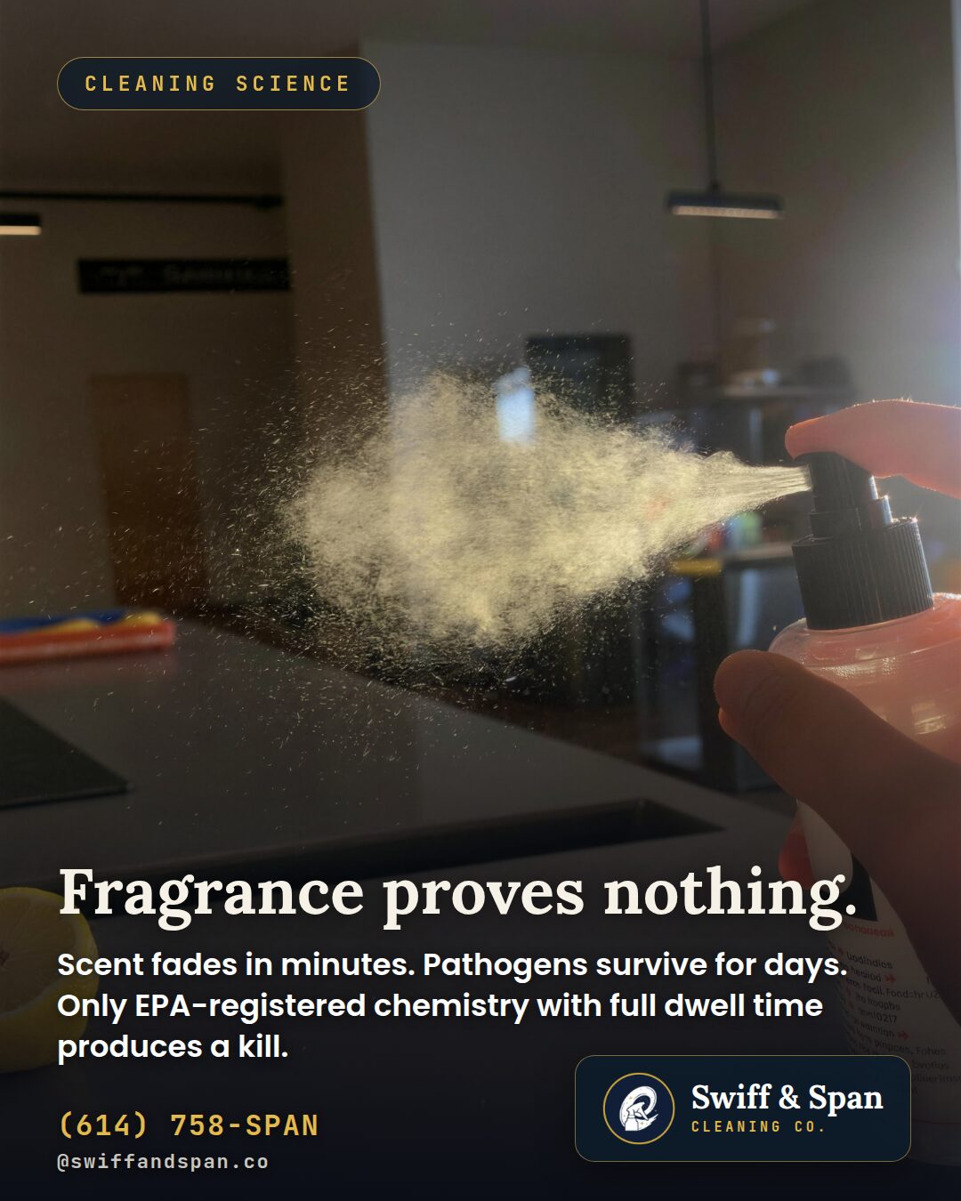 Swiff & Span info card: “Smells clean” is a con.