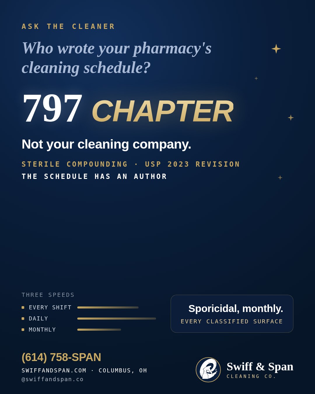 Swiff and Span info card: USP Chapter 797 sets pharmacy cleaning at three speeds, every shift, daily and monthly