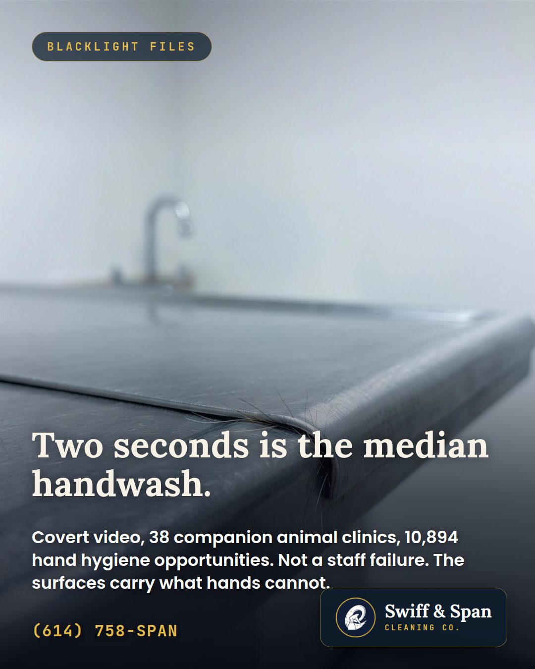 Swiff & Span info card: two seconds is the median handwash in a veterinary exam room