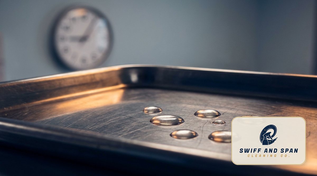 Disinfectant droplets dwelling on a stainless-steel clinical surface with a wall clock behind, showing the contact time most cleaning companies skip