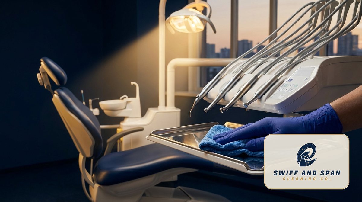 A gloved cleaner wipes a dental operatory delivery-unit tray with color-coded microfiber during an end-of-day terminal clean in a Columbus dental practice