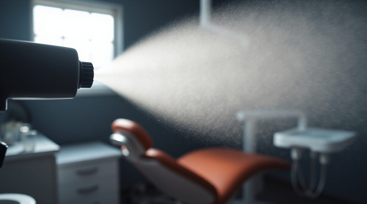 Electrostatic sprayer applying an even mist of disinfectant across the curved surfaces of a clinical treatment chair