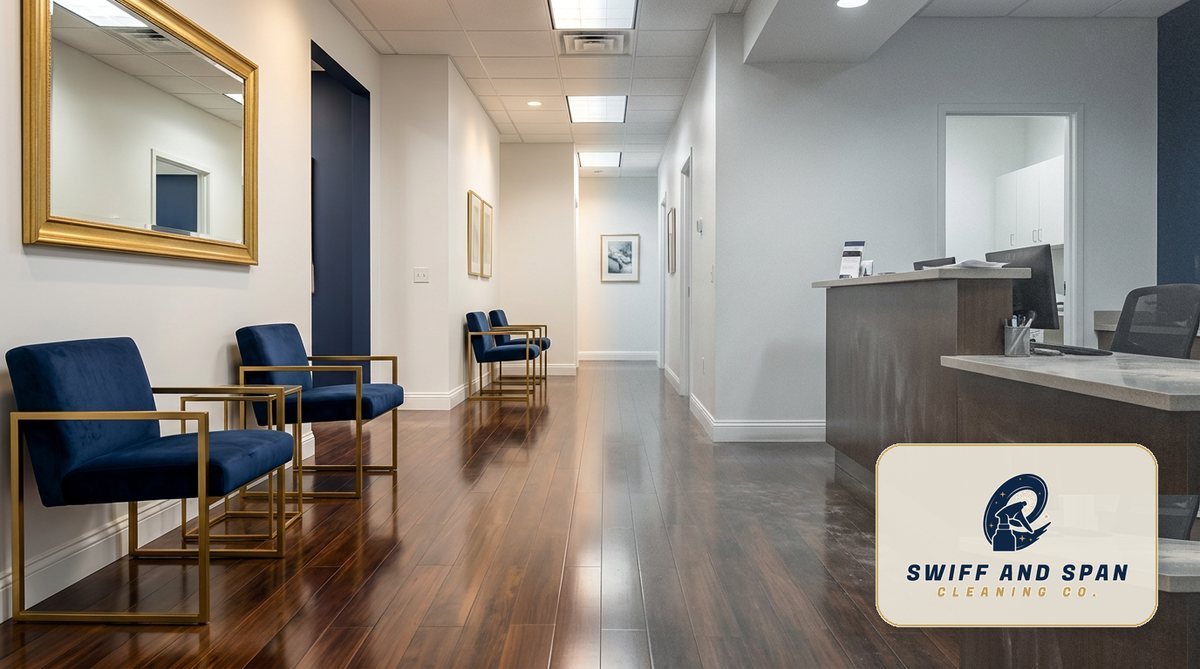 A Columbus medical-office reception hallway, one side spotless and the other faded and dusty, illustrating the franchise cleaning quality drop after 90 days
