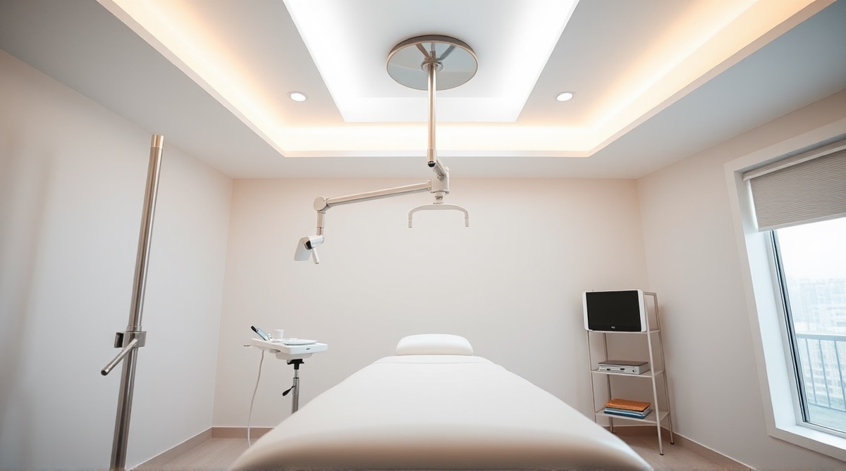Empty med spa treatment room seen from beside the table, warm daylight across clean minimal surfaces