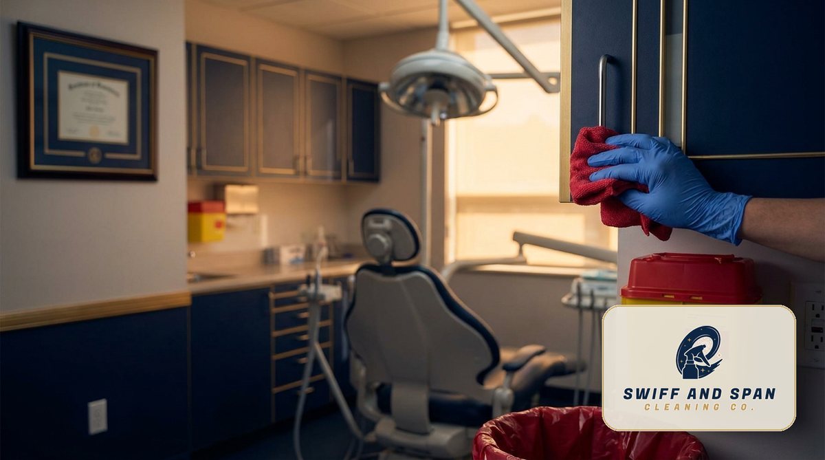 A gloved cleaner disinfects a dental operatory surface beside a sharps container and red biohazard bag, meeting OSHA bloodborne pathogen standards in a Columbus dental office