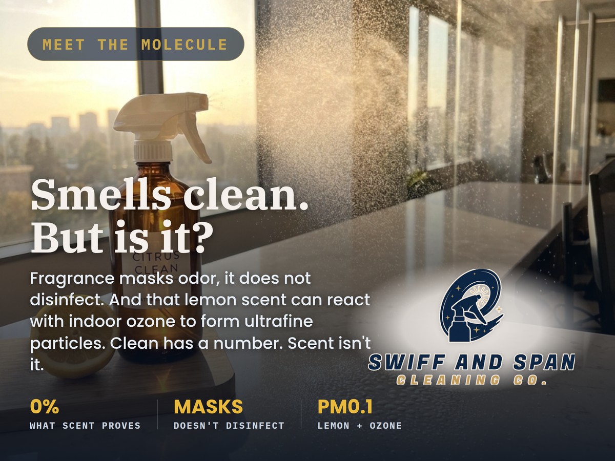 A citrus cleaning spray bottle and cut lemon on a sunlit office counter with a backlit mist, illustrating that a space can smell clean without being disinfected.