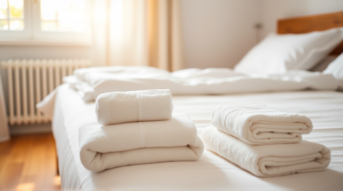 Crisply made bed corner in a bright short-term rental with folded white towels in morning light