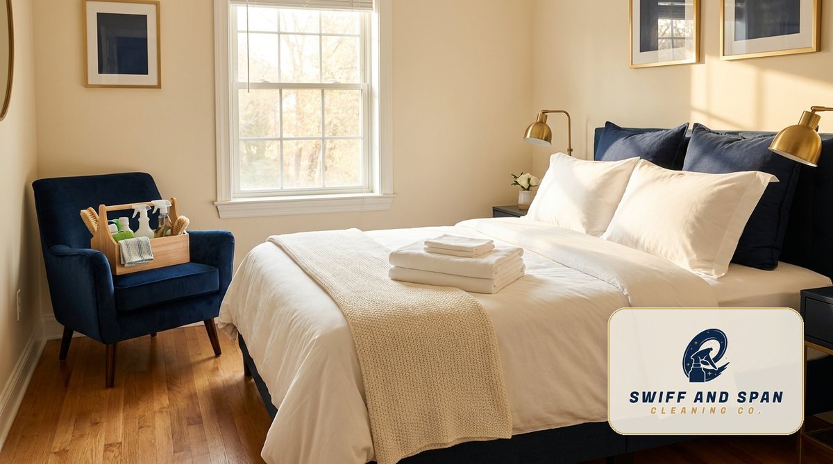 A guest-ready Columbus short-term-rental bedroom with crisp white linens, folded towels, and a professional cleaning caddy after a turnover
