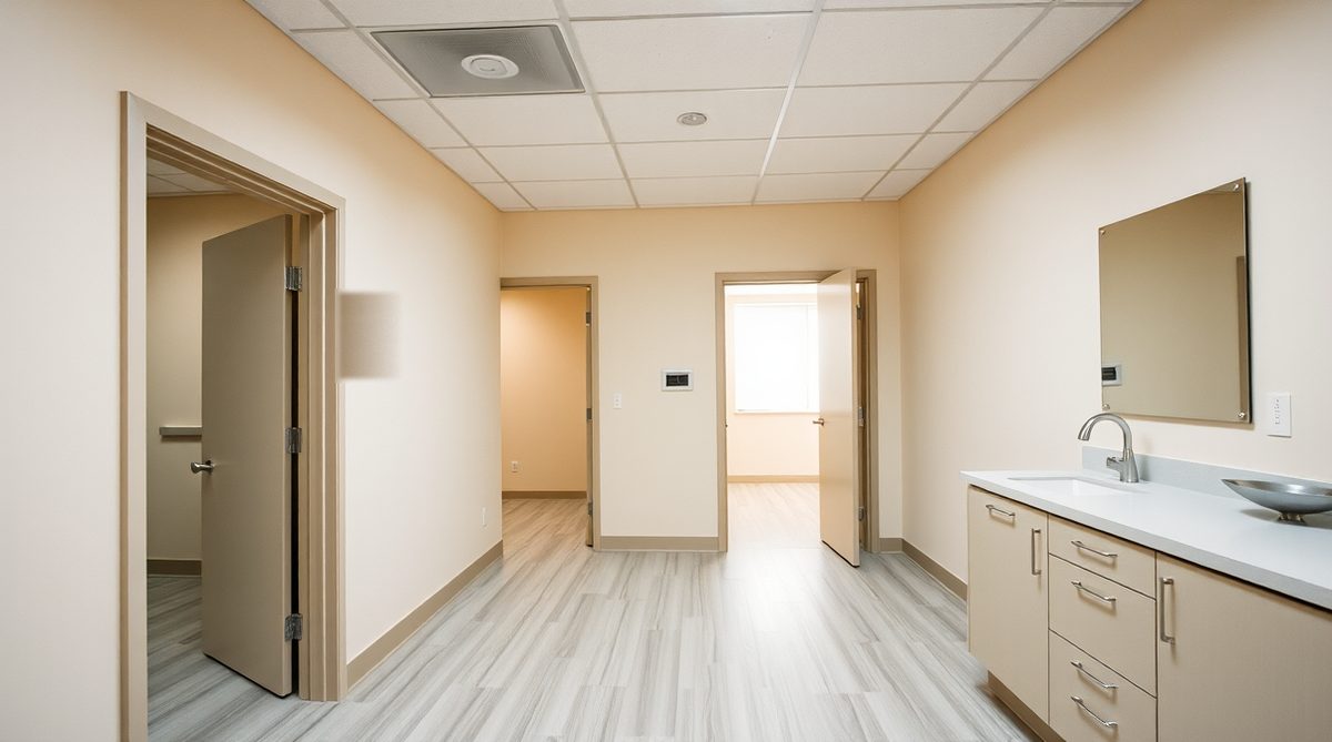 Empty hallway in a small dental practice after hours, with doorways to two treatment rooms and a cabinet run with a sink