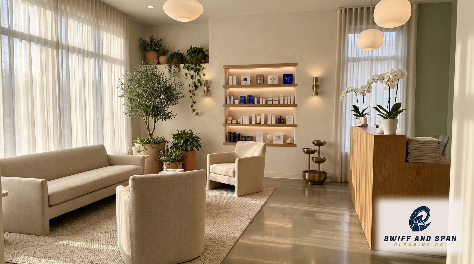 An upscale boutique med spa lobby and reception area in Upper Arlington, Ohio, freshly serviced and spotless between appointments.